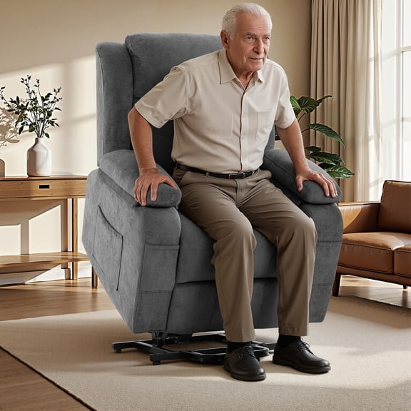 HSUNNS Power Lift Recliner Chair for Elderly, Overstuffed Wide Recliners for Adults, Heavy Duty Recliner Sofa and Safety Motion Reclining Mechanism, 45°-135° Recline, 350lb Capacity, Grey