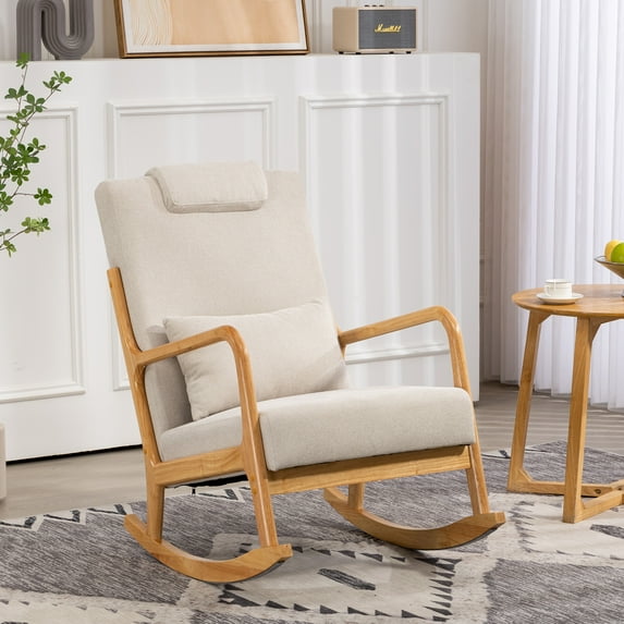 HSUNNS Rocking Chair Nursery, Upholstered Fabric Accent Chair with High Backrest Glider Chairs and Lumbar Pillow, Accent Rocker Chair for Bedroom Living Room and Reception Room, Beige
