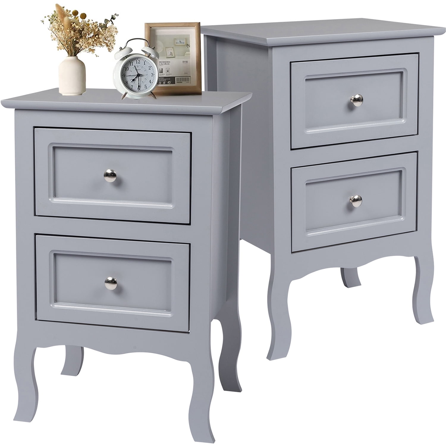 PAPROOS Set of 2 Nightstand Bedroom Bedside Table with Drawers Storage, Country Style Night End Table with Mental Handle, Suitable for Living Room Bedroom, Gray