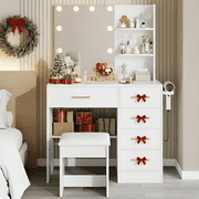 White Vanity Set with Mirror and Light for Women, PAPROOS Small Vanity Desk with 5 Drawers, Modern Wood Makeup Table with Hair Dryer Rack and Stool,