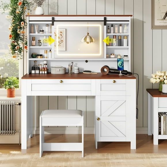 PAPROOS Vanity Set with Mirror and Lights, Farmhouse Makeup Vanity Desk with Chair, Sliding Mirror, Charging Station, White Dressing Table with 2 Drawers and Storage Cabinet
