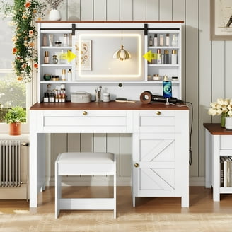 dressing table rack design MAXYOYO Dressing Table with Light,Transparent Glass Countertop,2 Drawers and Storage Rack,Stylish Dressing Table Suitable for Bedroom,White