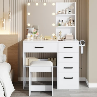Vanity Set with Mirror and Light, PAPROOS Makeup Vanity with Hair Dryer Rack, Makeup Desk with Anti-tipping Function, Upholstered Stool, 5 Drawers, Open Shelves, White