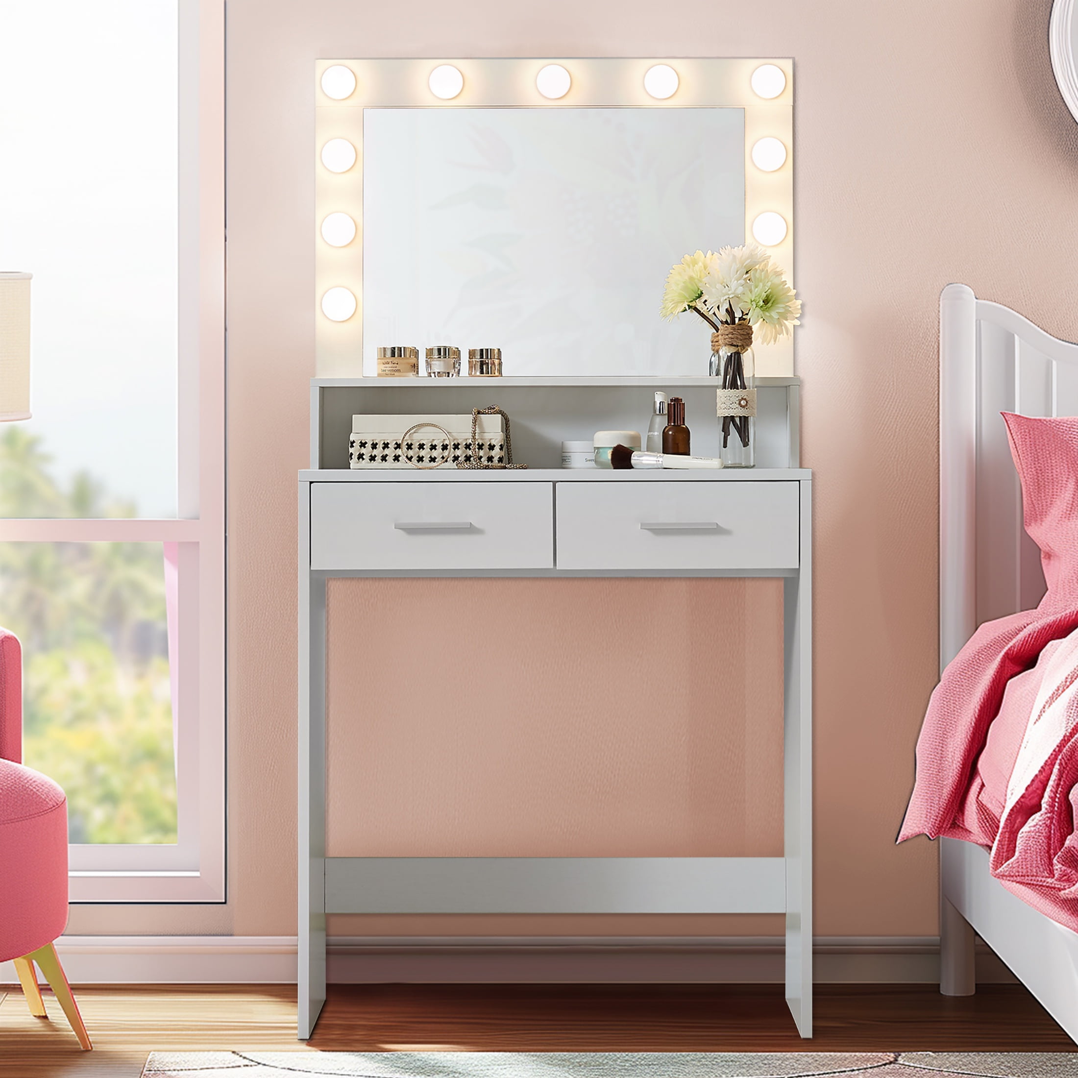 HSUNNS Small Vanity Desk Narrow Makeup Vanity with 11 Lights and Mirror Hollywood style Makeup Desk with 2 Storage Drawers for Bedroom Birthday