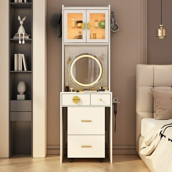 HSUNNS Small Vanity Desk with Round Mirror and LED Light, Modern Makeup Desk with Drawers, Upholstered Stool with Drawers, Charging Station, 3 Hooks, Storage Shelves,Hair Dryer Rack, White