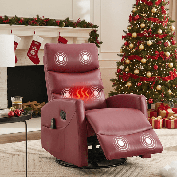 HSUNNS Swivel Rocker Recliner for Adults, Faux Leather Swivel Rocker Recliner Chair with Heat Therapy and Massage, Manual Single Rocker Sofa with Side Pockets for Living Room Home Theater, Red