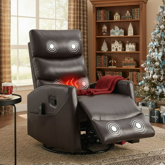 HSUNNS Swivel Rocker Recliner for Adults, Faux Leather Swivel Rocker Recliner Chair with Heat Therapy and Massage, Manual Single Rocker Sofa with Side Pockets for Living Room Home Theater, Brown