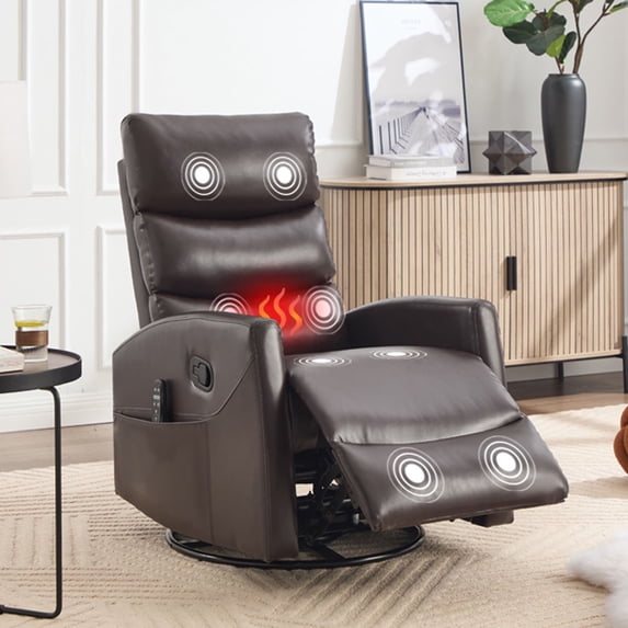 HSUNNS Swivel Rocker Recliner for Adults, Faux Leather Swivel Rocker Recliner Chair with Heat Therapy and Massage, Manual Single Rocker Sofa with Side Pockets for Living Room Home Theater,