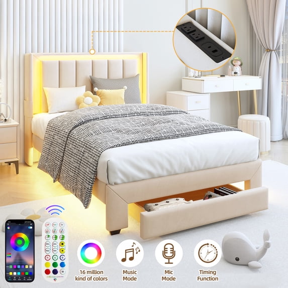 HSUNNS Twin Bed Frame with LED Lights and Charging Station, Twin Platform Bed Frame with Storage Drawer, Motion Sensor Night Light, Soft Fabric Headboard, No Box Spring Needed, Beige