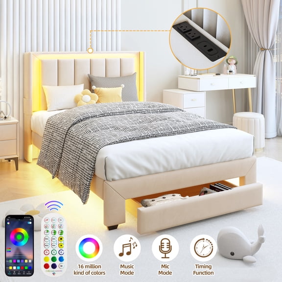 HSUNNS Twin Bed Frame with LED Lights and Charging Station, Twin Platform Bed Frame with Storage Drawer, Motion Sensor Night Light, Soft Fabric Headboard, No Box Spring Needed, Beige