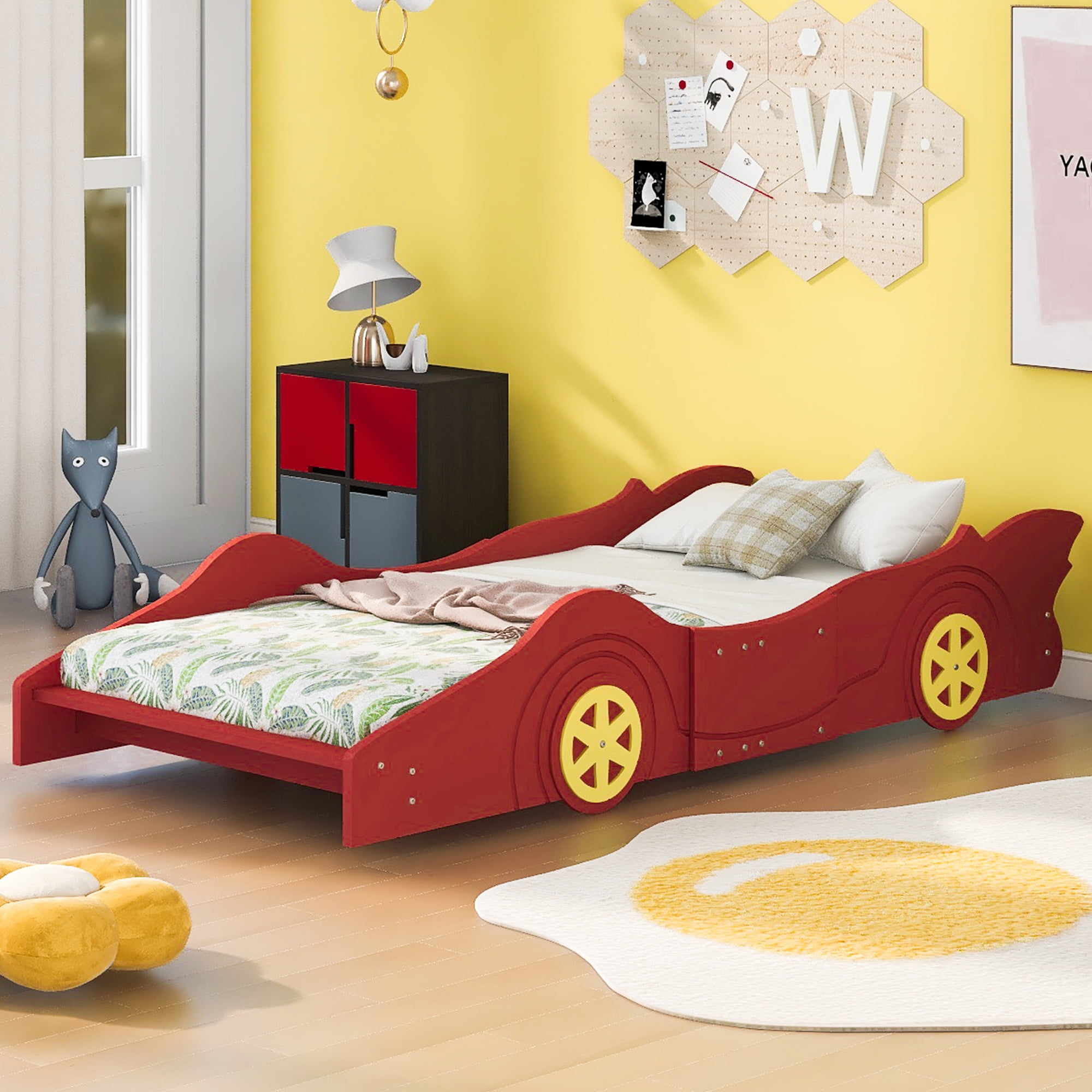 HSUNNS Twin Size Kids Bed for Boys Girls Toddlers, Wood Race Car-Shaped  Platform Bed with 2 Sides Safety Rails and Wheels for Kids' Room Bedroom