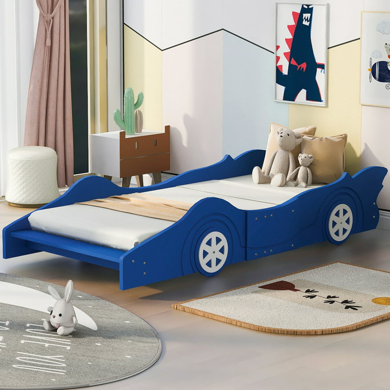 HSUNNS Twin Size Kids Race Car-Shaped Platform Bed with Wheels Wooden Funny Twin Kids Bed Frame with Safety Rails for Girls Boys Toddlers No Box