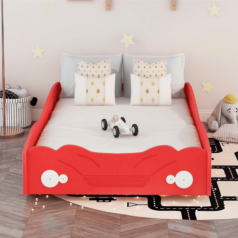 HSUNNS Twin Size Kids Race Car-Shaped Platform Bed with Wheels, Wooden Funny Twin Kids Bed Frame with Safety Rails for Girls Boys Toddlers, No Box