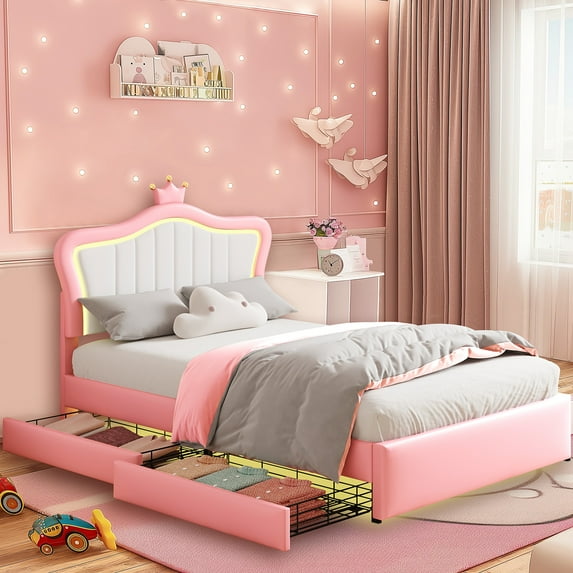 Full Size Led Bed with Drawers, Upholstered Full Bed Frame with Adjustable Headboard, Cute Pink Princess Bed with Crown Design for Girls, LED Full Frame with Storage