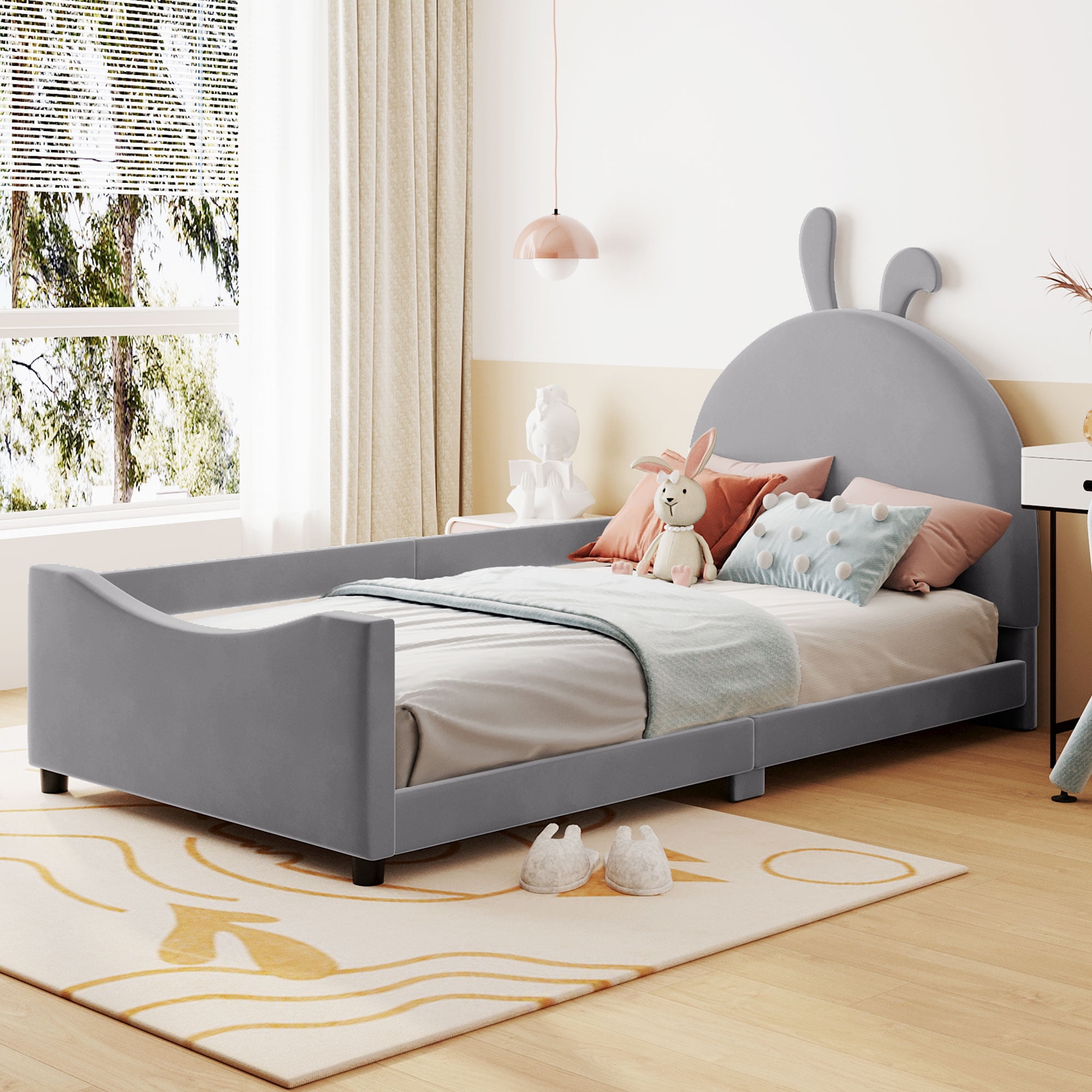 HSUNNS Twin Size Kids Upholstered Bed with Side Rail, Twin Size Upholstered  Platform Bed for Kids with Cute Rabbit Headboard, Low Profile Twin Bed for