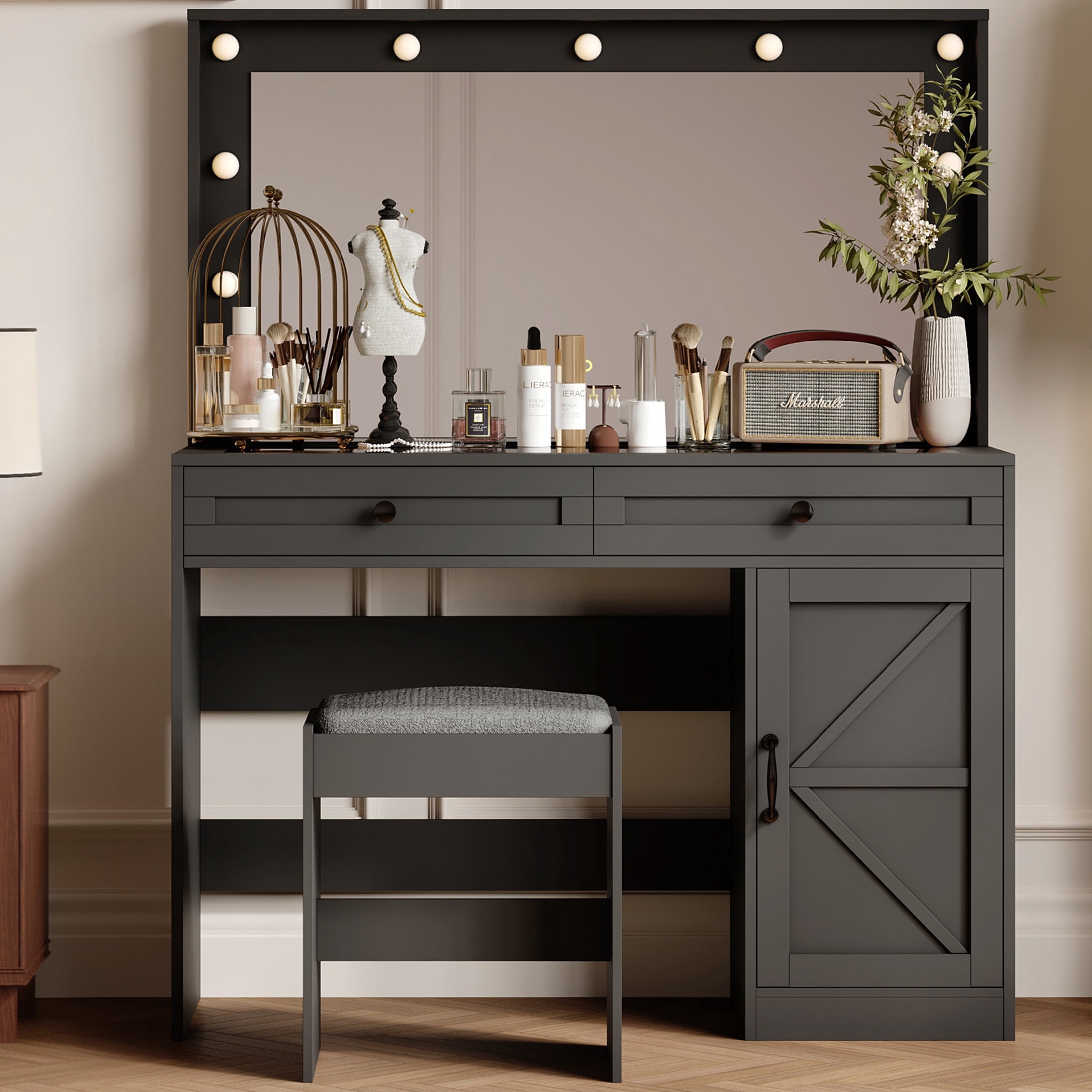 Vanity Desktop HSUNNS Vanity Desk with Large Mirror, Farmhouse Makeup Vanity with LED ...