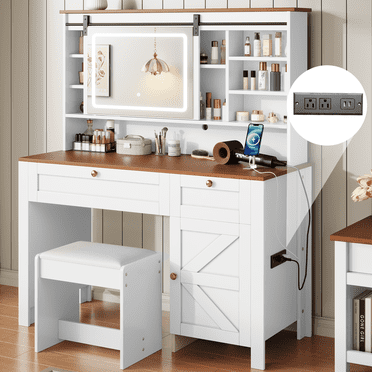 PAPROOS Vanity Set with Mirror and Lights, Large Makeup Desk with Charging Station and Sliding Mirror, Vanity Table with 2 Drawers and Storage Cabinet, Upholstered Stool, White
