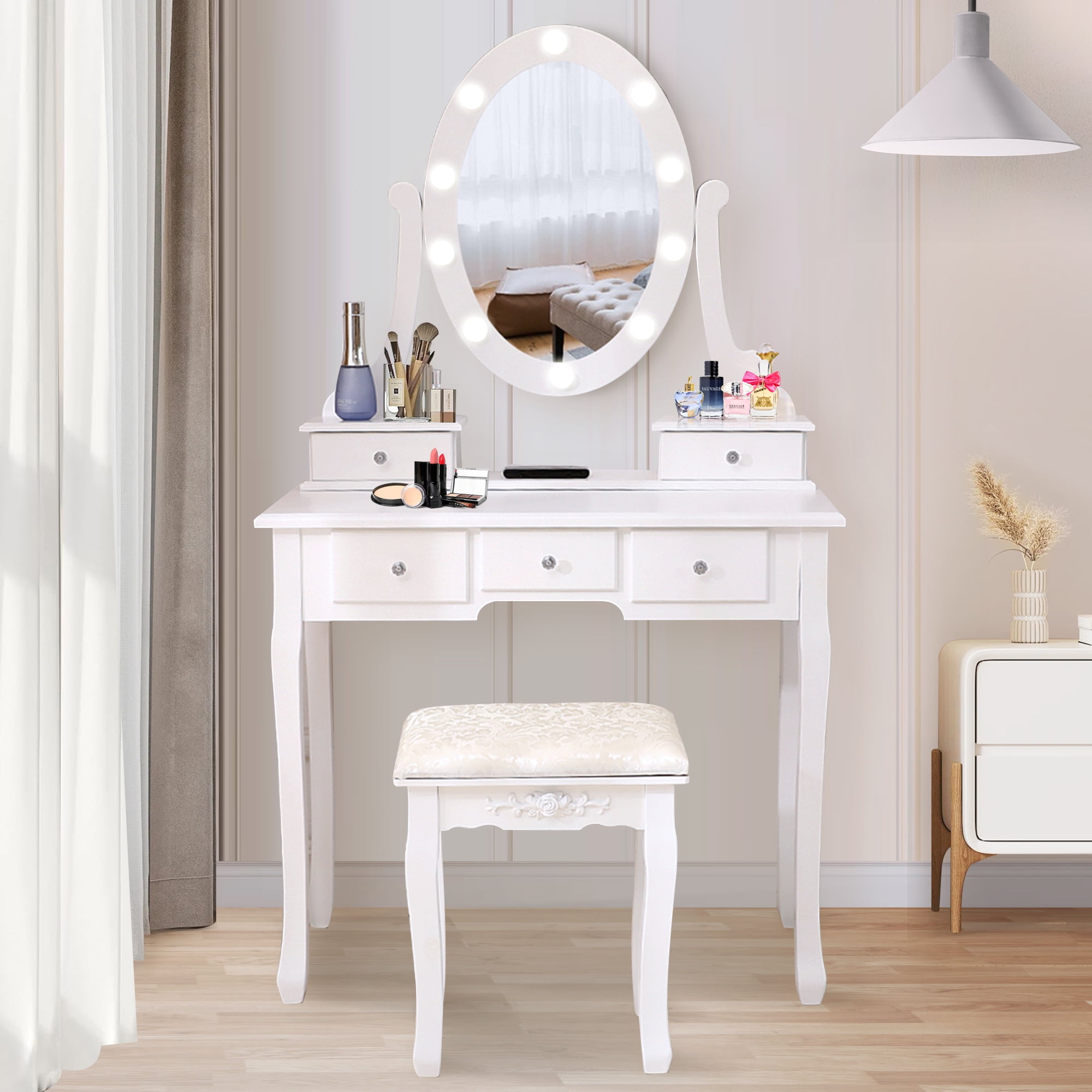 HSUNNS Vanity Set with Lighted Mirror, 5 Drawers Makeup Dressing Desk