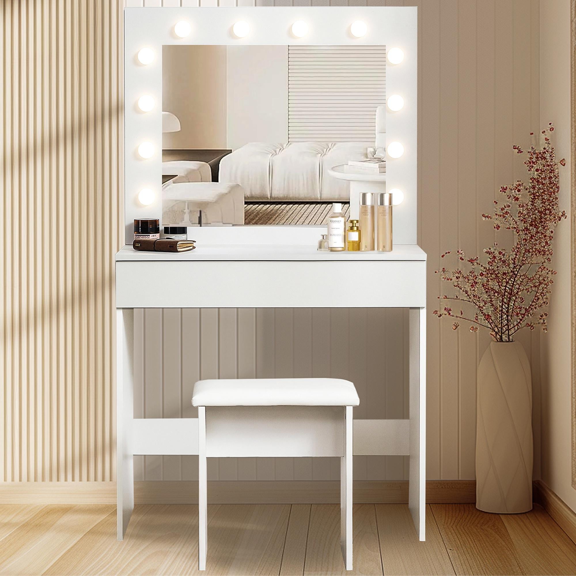 HSUNNS Vanity Set with Lighted Mirror, Modern 1 Drawer Makeup Dressing