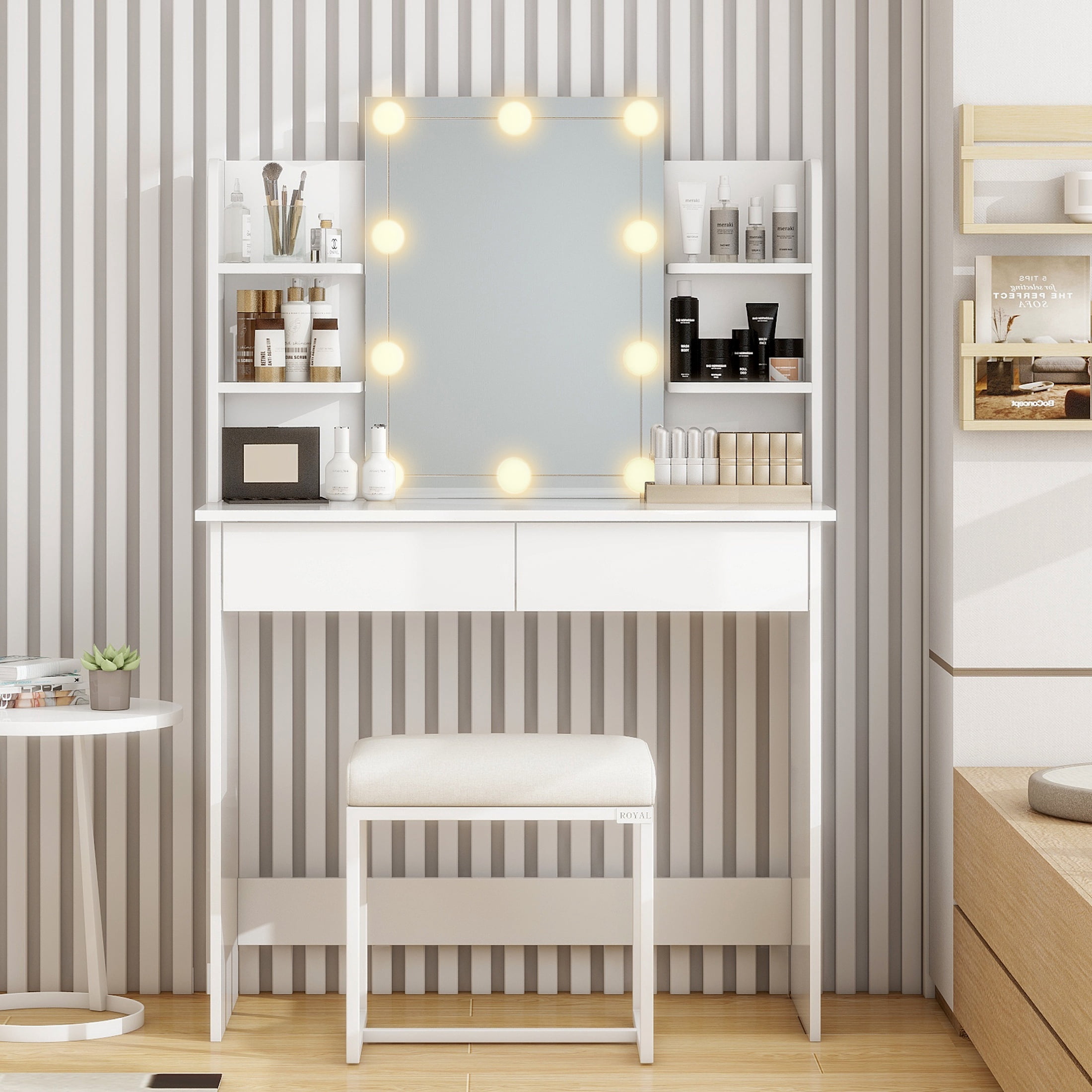 HSUNNS Vanity Set with Lighted Mirror, 3 Drawers Makeup Dressing Desk ...