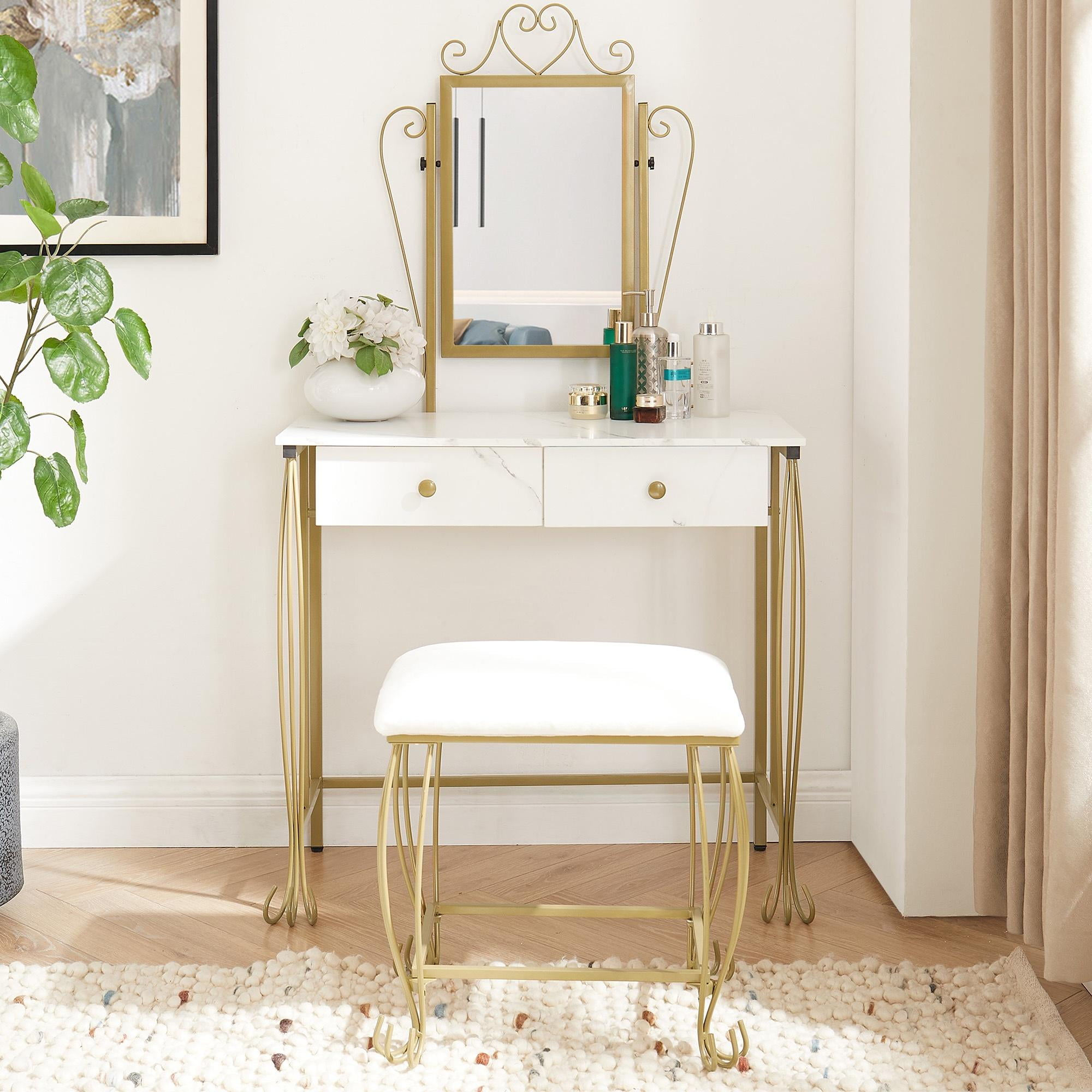 HSUNNS Vanity Set with Mirror, 2 Drawers Makeup Dressing Desk with ...