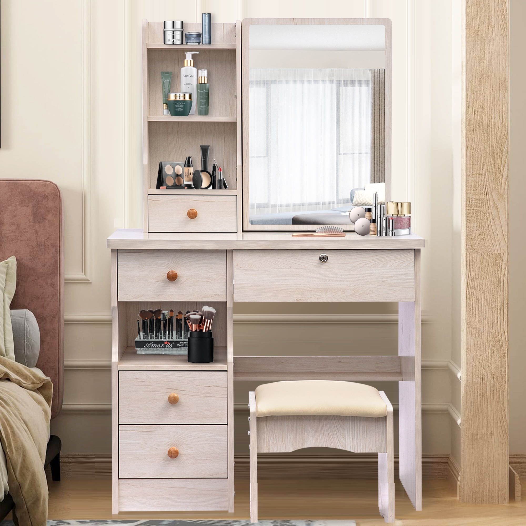 HSUNNS Vanity Table with Mirror, Modern 5 Drawers Makeup Dressing Desk with Stool and Storage ...