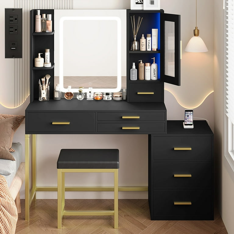 47 Large Vanity Set with Mirror Uhomepro Lighted Makeup Vanity Desk with Power Outlet 7 Drawers LED Storage Cabinet and Cushioned Stool Modern