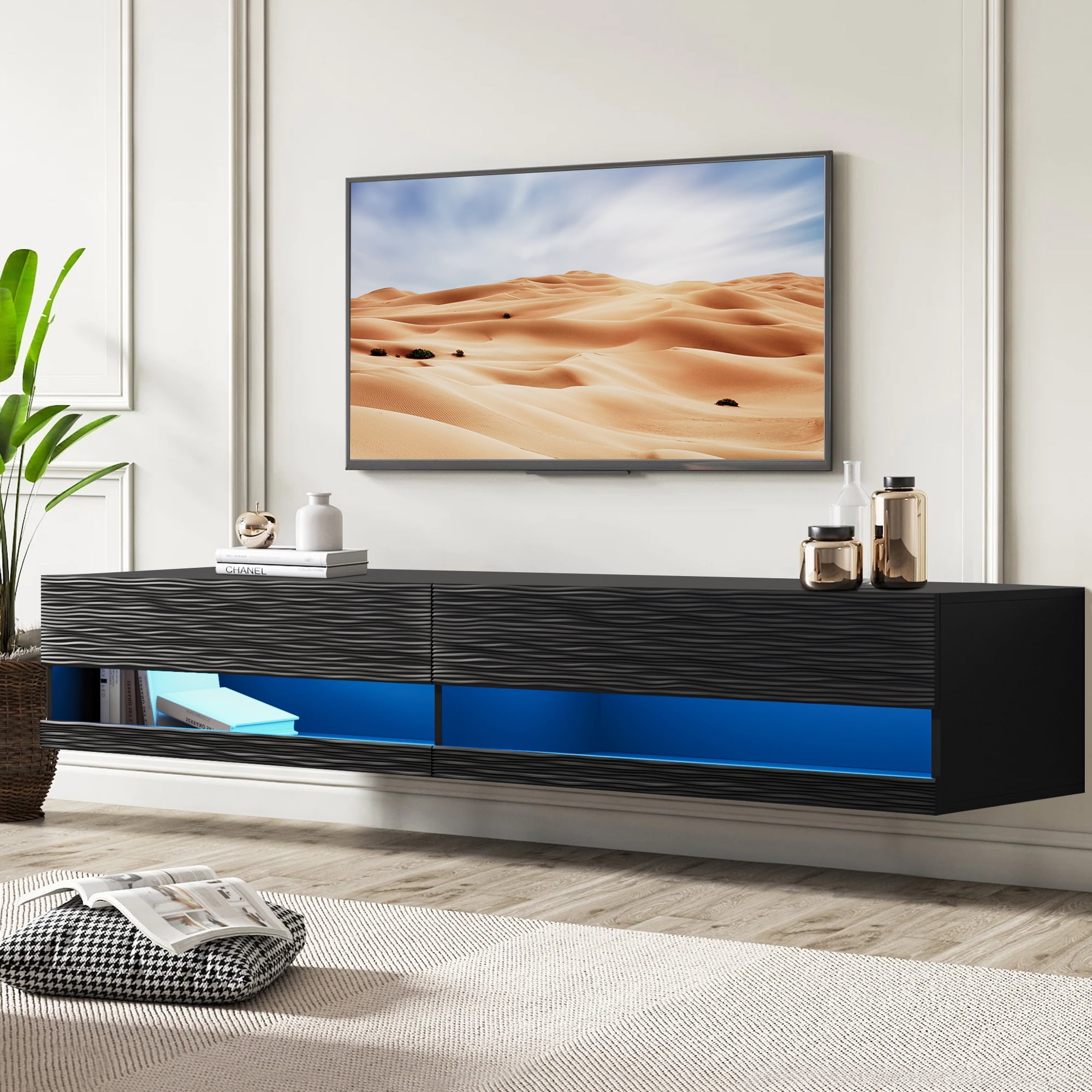 HSUNNS Wall Mounted TV Stand with LED Lights and Storage Drawers, Mid