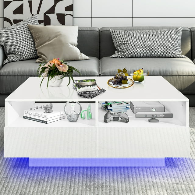 "HSUNNS LED Coffee Table, White, Modern High Glossy Center Table with 4