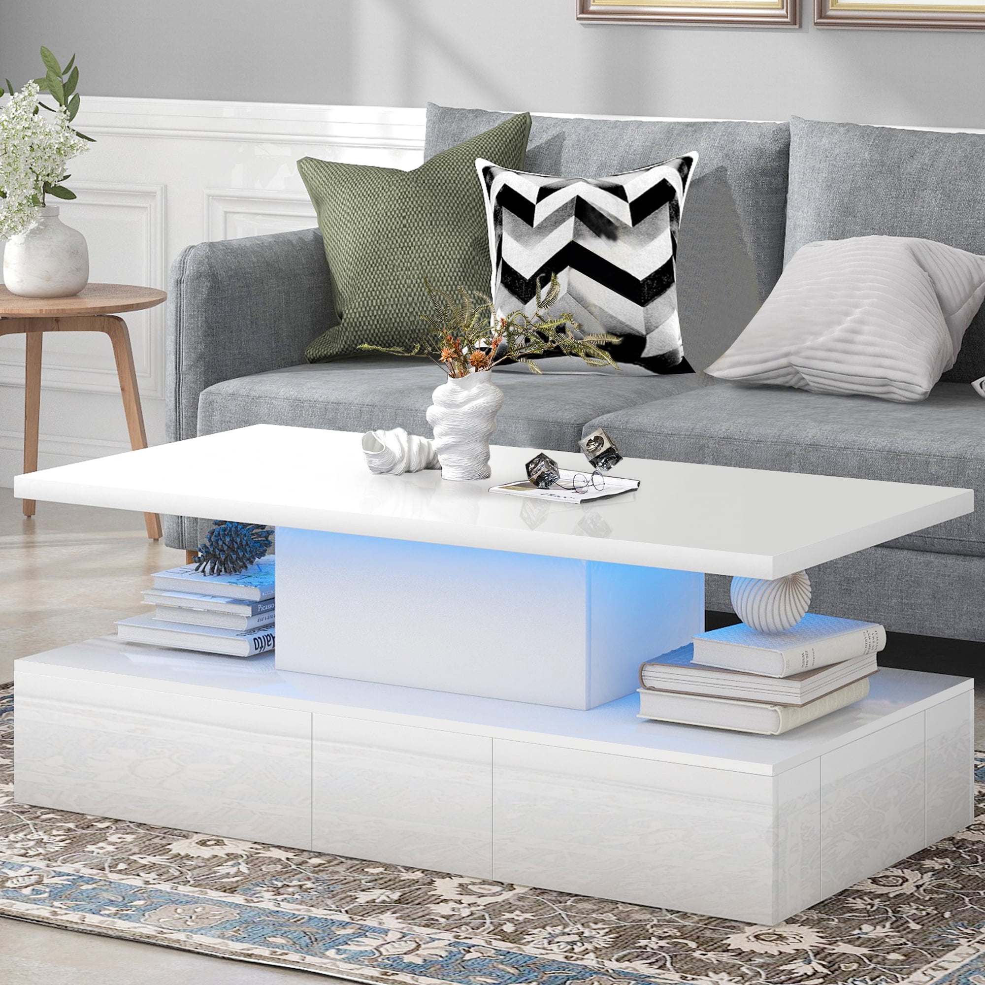 White LED Coffee Table for Living Room, PAPROOS Modern High Glossy Center Table with 4 Drawers, Smart Cocktail Table Rectangle, Sofa Side Tea Tables with LED Lights, 41"L×25"W×16"H