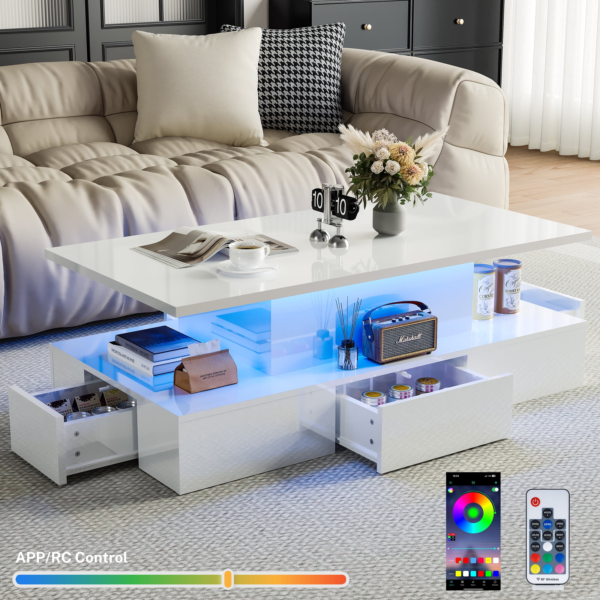 HSUNNS White LED Coffee Table for Living Room, Modern High Glossy