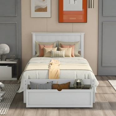 HSUNNS White Wood Platform Bed Frame Twin Size with Headboard and 2 Drawers, Twin Bed Frame Mattress Foundation with Strong Slat Support for Girls Boys Kids Teens Adults, No Box Spring Needed