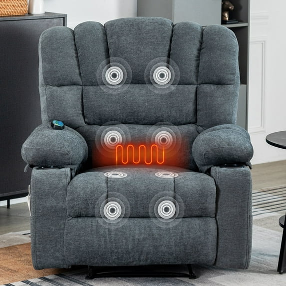 HSUNNS Widened Recliner Chair with Heat Therapy and Massage Function, Heavy Duty Reclining Mechanism Massage Chair, Elderly Single Sofa with Cup Holders for Bedroom Home Theater, Grey