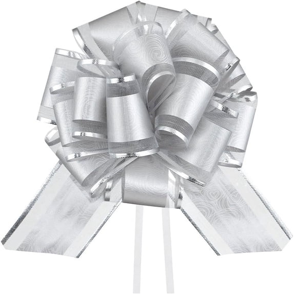 HSXJJ 6 Pieces Silver Pull Bow for Gift Wrapping, Inches Wedding Ribbon Bowsfor Presents Package, Baskets, Christmas, Wedding, and Party Decor (Silver)