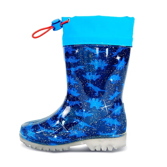 HSYAAMOO Boys Kids Rain Boots Blue Dinosaur Pattern – Waterproof Non-Slip Lightweight Rubber with Adjustable Drawstring for Outdoor Play