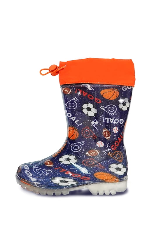 Toddler Kids Rain Boots Purple Soccer Pattern – Waterproof Lightweight Non-Slip with Drawstring, Boys & Girls