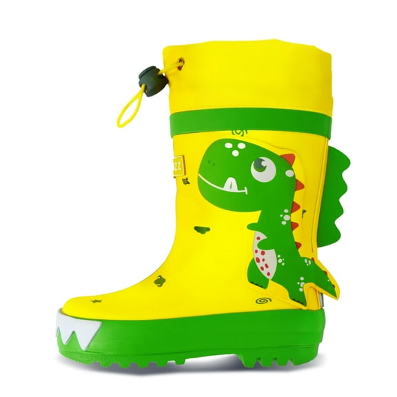 HSYAAMOO Kids Rain Boots with Drawstring – Yellow Rubber Toddler Rain Boots with Green Dinosaur Pattern, Waterproof Lightweight Non-Slip Boots with Breathable Lining for Boys & Girls Outdoor Play