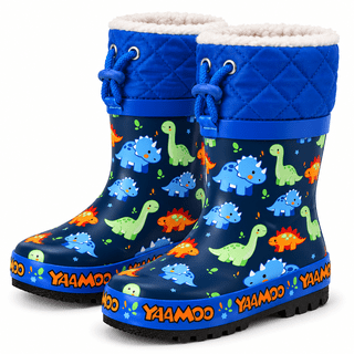 HSYAAMOO Kids Rubber Snow Boots,Warm Lined Toddler Rain Boots with Drawstring Closure,Dinosaur Pattern.