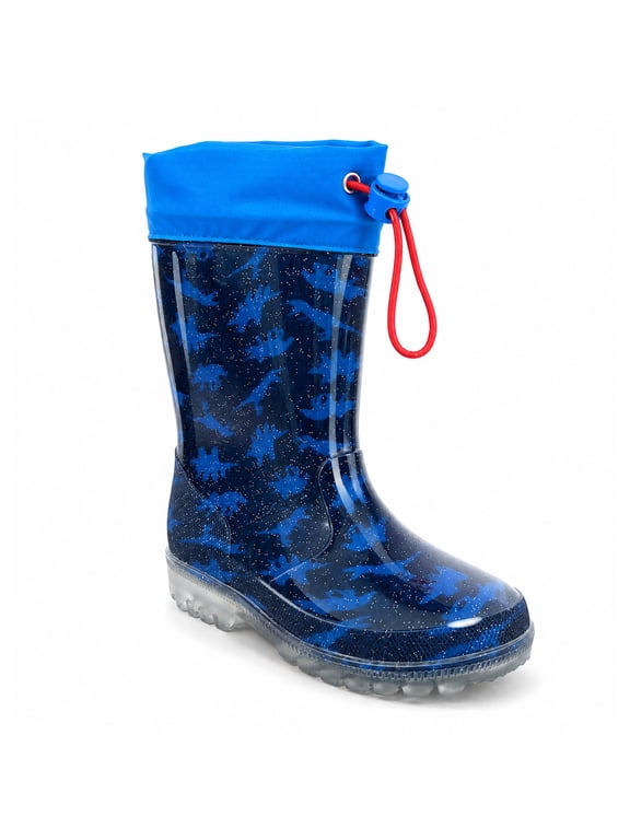 Kids Rain Boots for Boys Toddler Waterproof Rain Boots with Drawstring Easy On Handles, Blue Dinosaur Print Non-Slip Sole, Size 8