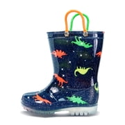 HSYAAMOO Toddler Rain Boots with Easy-On Handles   Waterproof Lightweight Non-Slip PVC Rain Shoes for Boys & Girls, Fun Navy Dinosaur Design with Red & Green Handles