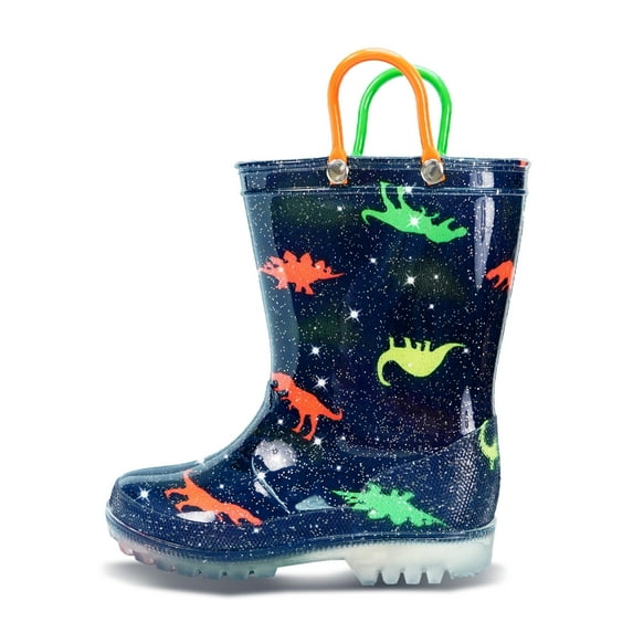 HSYAAMOO Toddler Rain Boots with Easy-On Handles – Waterproof Lightweight Non-Slip PVC Rain Shoes for Boys & Girls, Fun Navy Dinosaur Design with Red & Green Handles