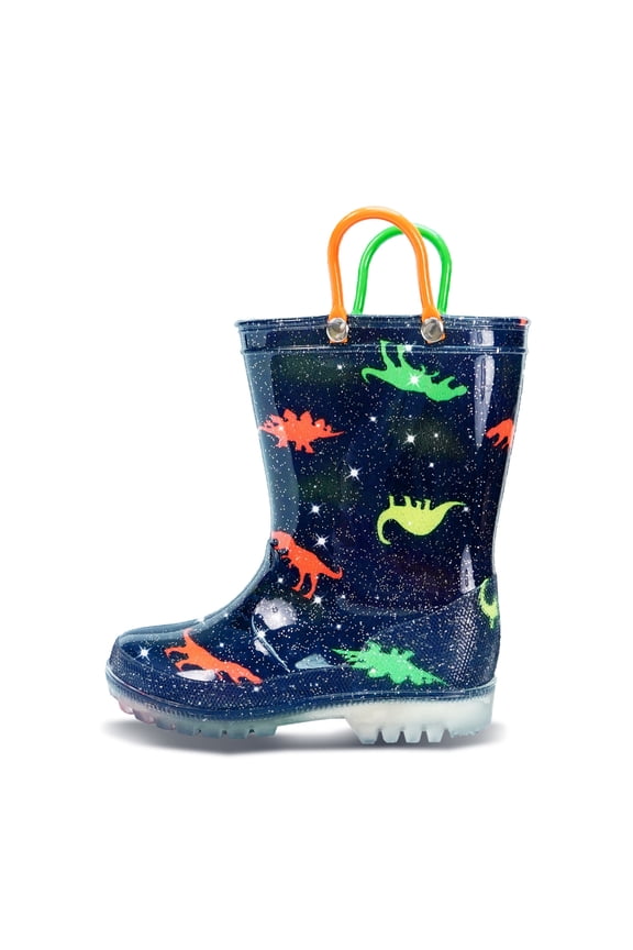 Toddler Rain Boots with Easy-On Handles – Waterproof Lightweight Non-Slip PVC Rain Shoes for Boys & Girls, Fun Navy Dinosaur Design with Red & Green Handles