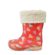HSYAAMOO Toddler Rain Boots with Fleece Lining   Pink Heart Glitter Waterproof Kids Rain Boots for Girls, Warm Non-Slip PVC Rain Shoes with Easy-On Handles
