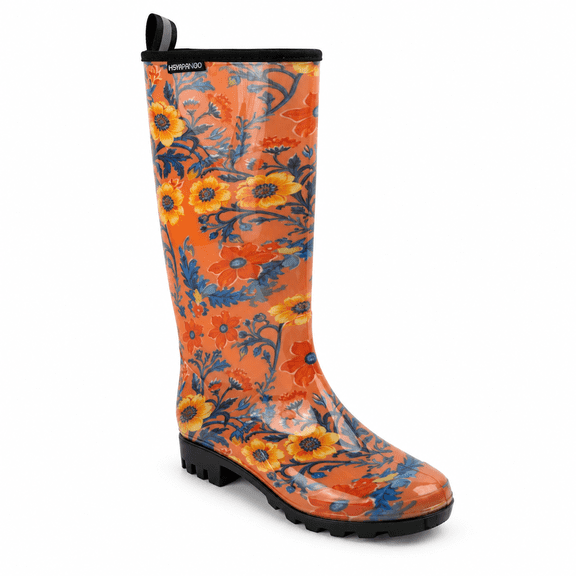 HSYAAMOO Women Tall Rain Boots Waterproof Garden Boots Orange Flower Size 6