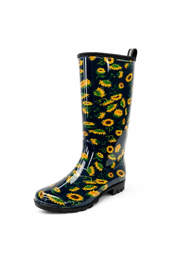 Women’s Tall Rain Boots Waterproof Garden Boots for Women, Sunflower Print Non-Slip Sole, Lightweight Durable Outdoor Boots, Green, Size 7