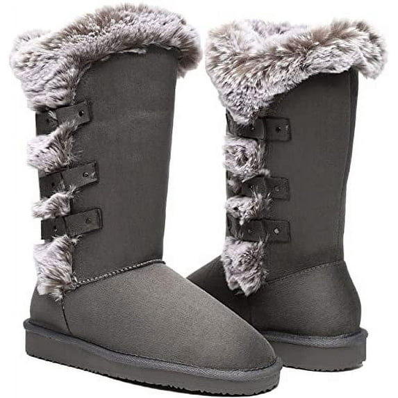 HStylish Women's Classic Mid-Calf Warm Shoes Lined Winter Snow Warm Slip on Anti-Slip Boots for Outdoor Grey, Size 7