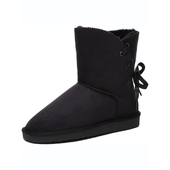 HStylish Women's Winter Snow Boots Mid-Calf Warm Slip on Side Bows Lace up Booties for Outdoor Black, Size 8