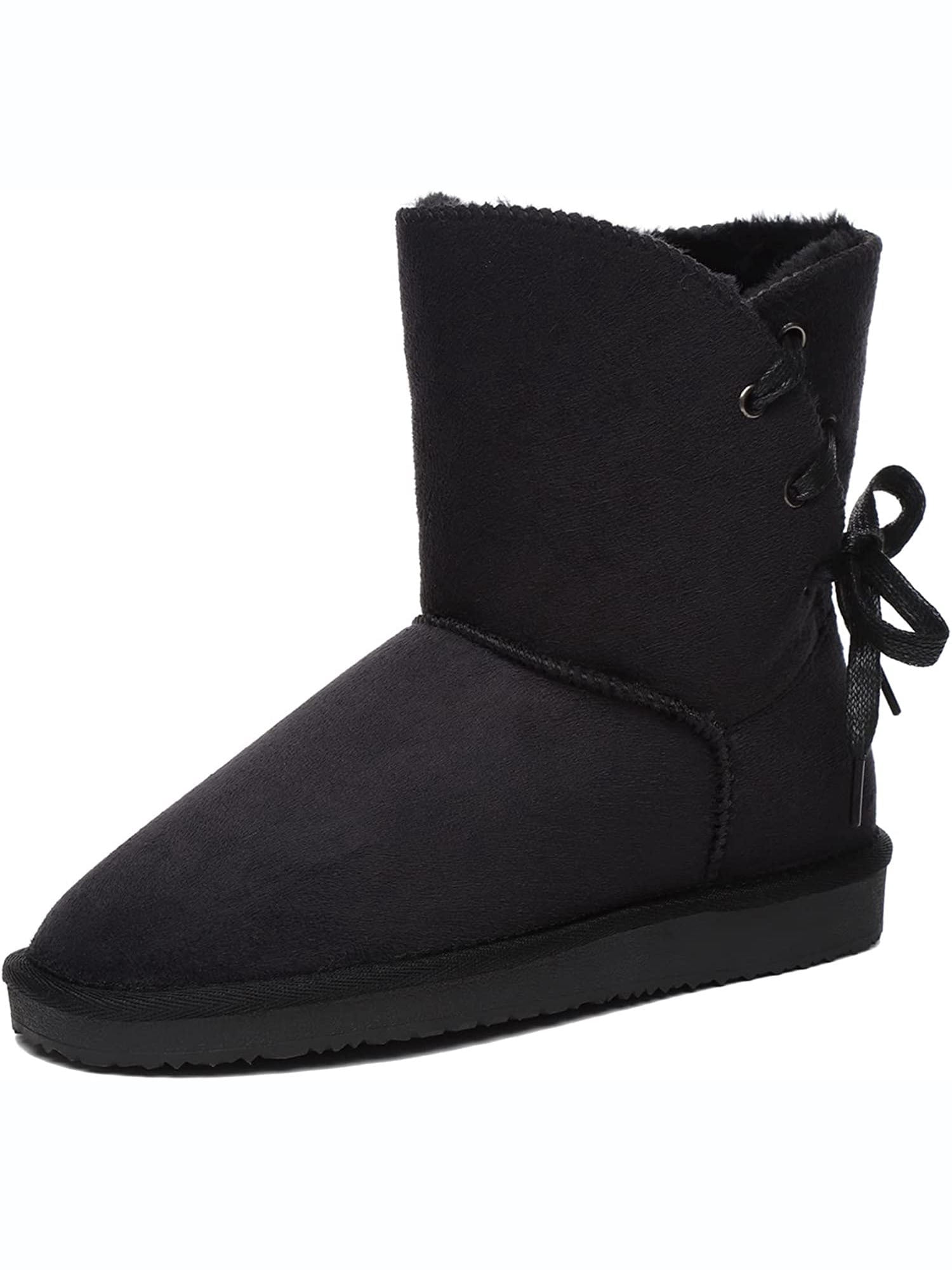 HStylish Women's Winter Snow Boots Mid-Calf Warm Slip on Side Bows Lace ...