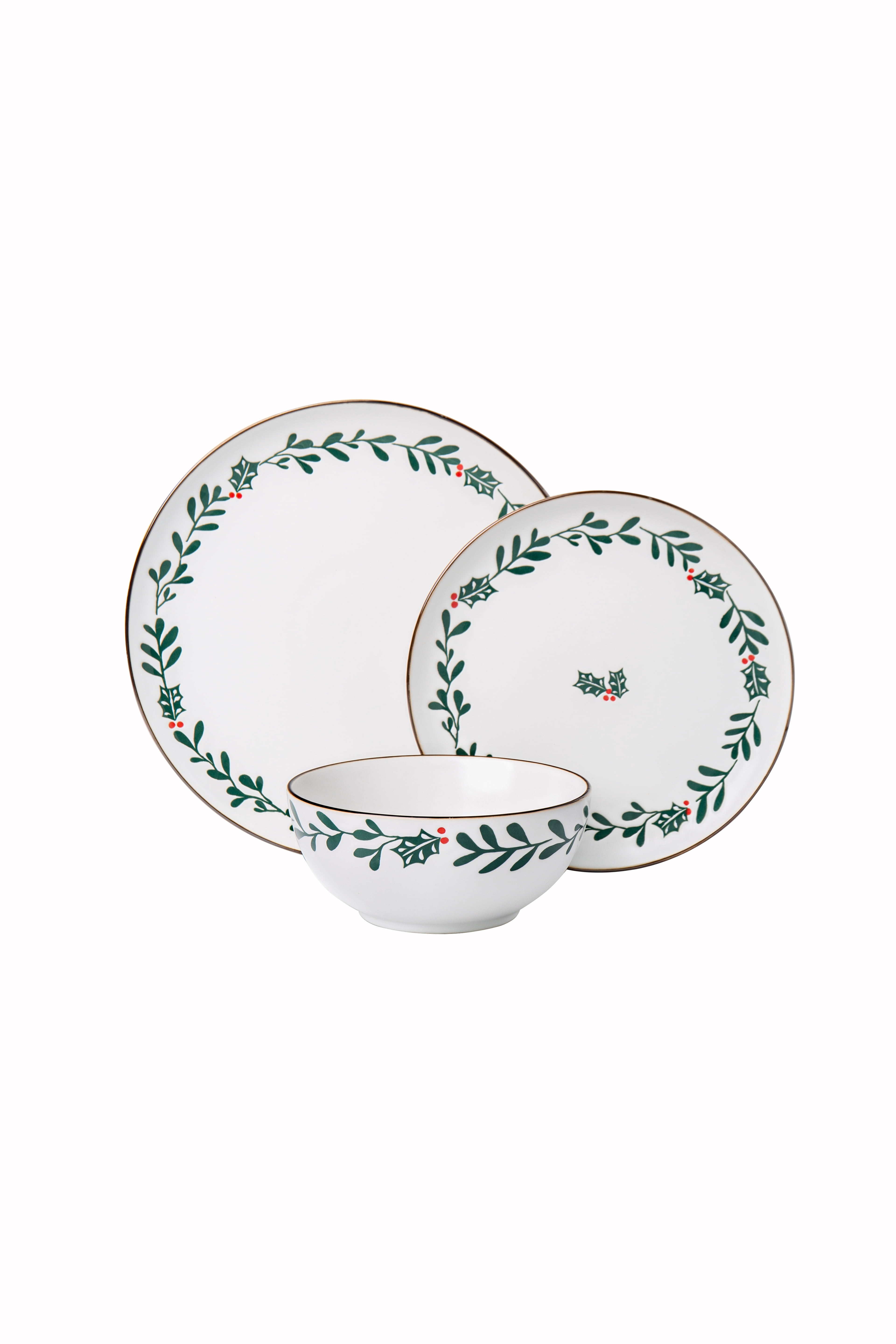 Holiday Time 12 PC Ceramic Dinnerware Set, Holly Pattern