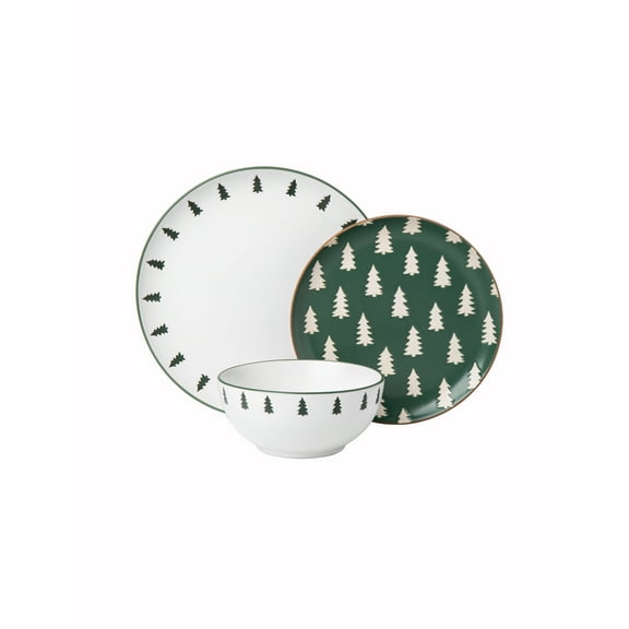 Holiday Time 12 Piece Ceramic Dinnerware Set in Trees Pattern